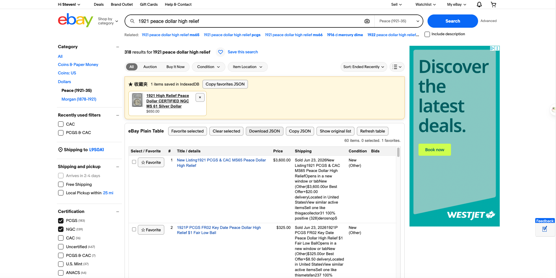 eBay results rebuilt as a plain table with JSON export