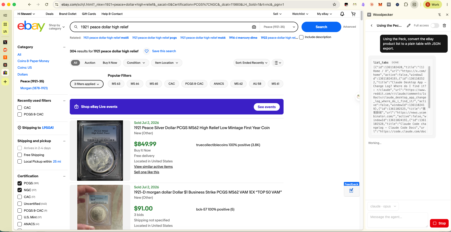 Typing the prompt in the Woodpecker side panel on an eBay sold-listings page