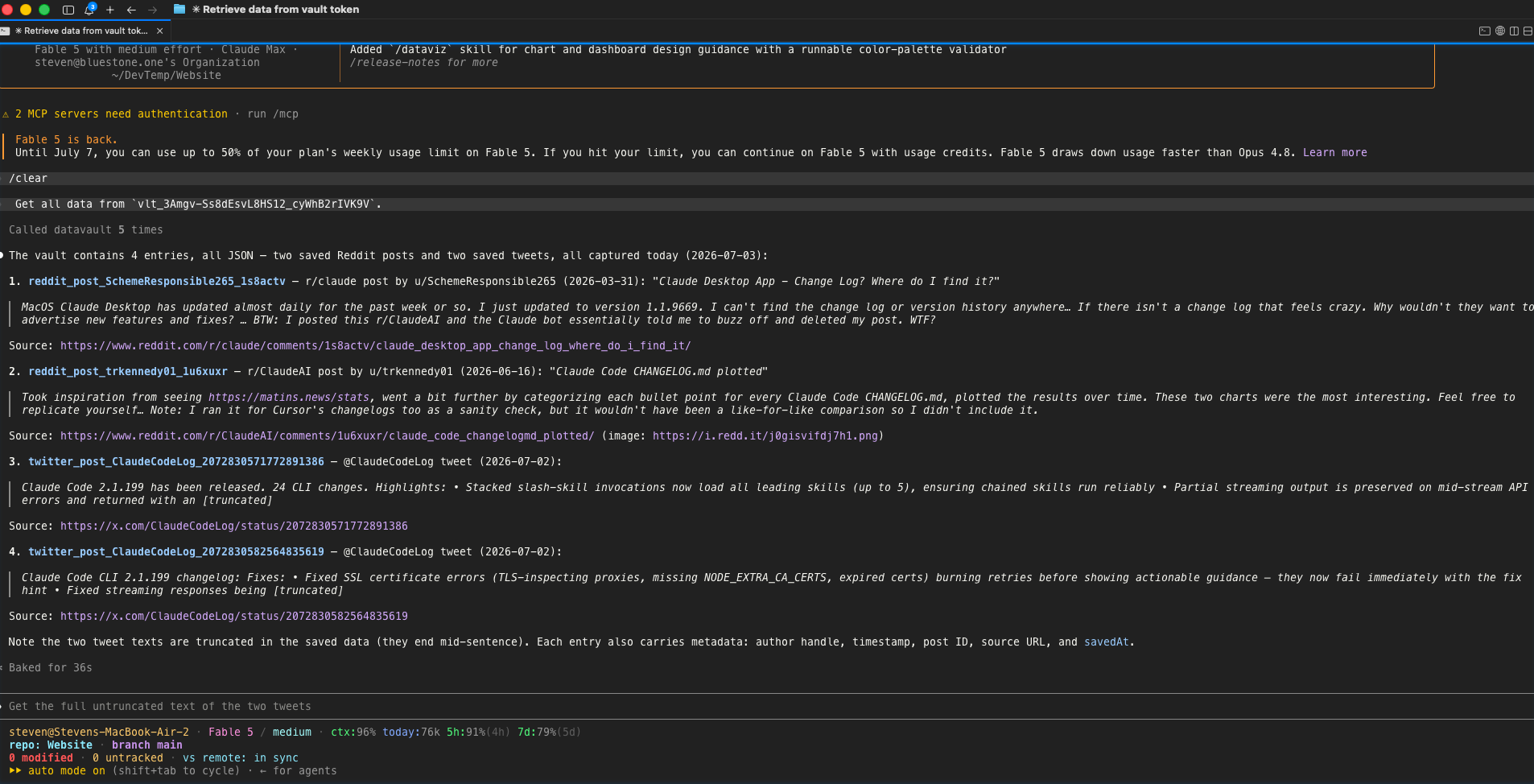 Reading the saved posts back from the vault in a terminal